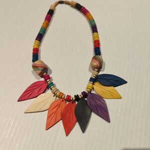 Vintage Leaf Wooden Carved Beaded Necklace Colorful Boho Chic Woodland Cottage